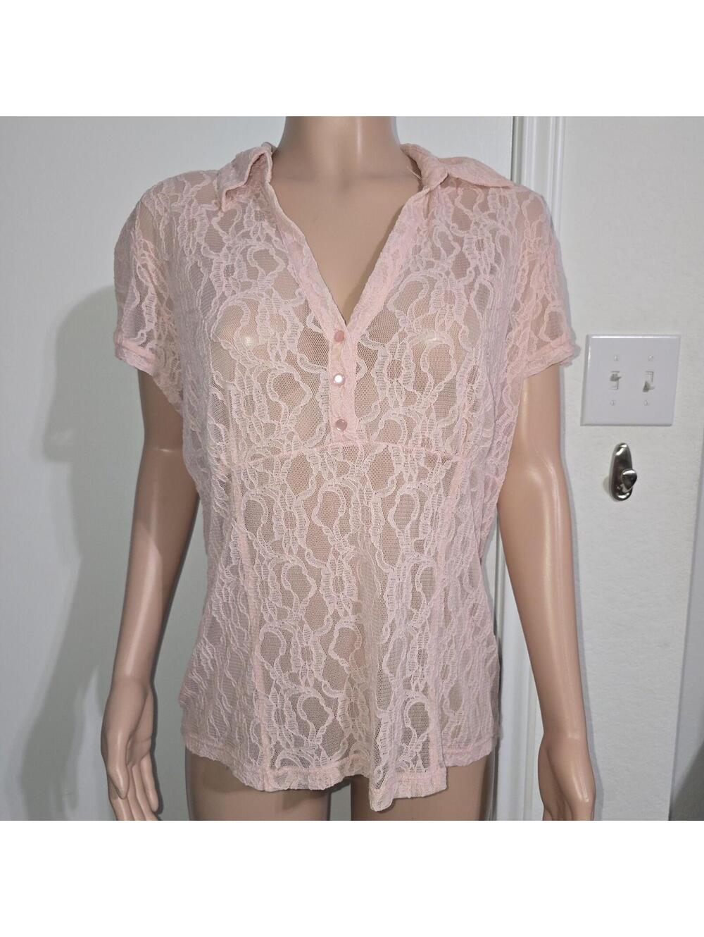 Pastel Pink Sheer Lace Blouse Sz L Collared Romantic Feminine Soft Girl Fairy